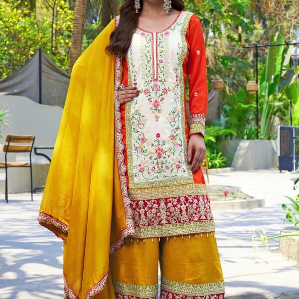 Orange Embroidered Kurta Palazzo Set with Yellow Dupatta
