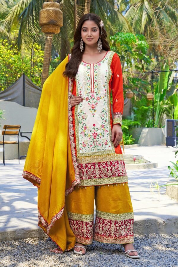 Orange Embroidered Kurta Palazzo Set with Yellow Dupatta