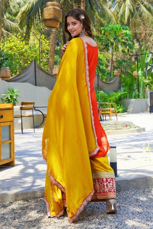 Orange Embroidered Kurta Palazzo Set with Yellow Dupatta