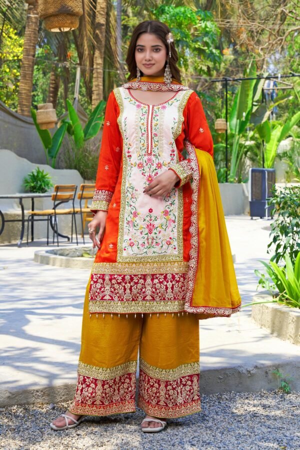 Orange Embroidered Kurta Palazzo Set with Yellow Dupatta