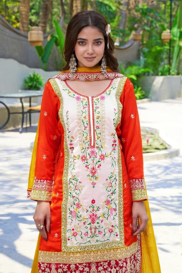 Orange Embroidered Kurta Palazzo Set with Yellow Dupatta