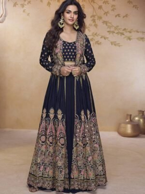 Royal Blue Embroidered Chinon Lehenga Choli with Designer Jacket