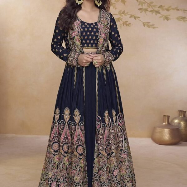 Royal Blue Embroidered Chinon Lehenga Choli with Designer Jacket