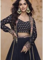 Royal Blue Embroidered Chinon Lehenga Choli with Designer Jacket