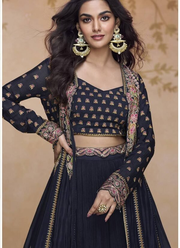 Royal Blue Embroidered Chinon Lehenga Choli with Designer Jacket