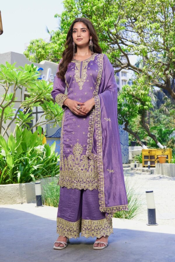 Enchanting Purple Kurta Palazzo Set with Embroidered Dupatta