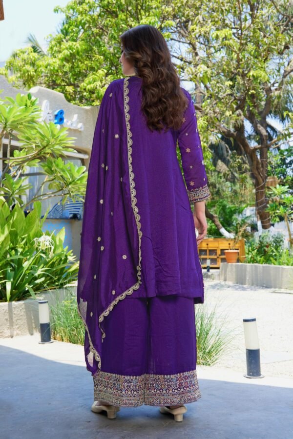 Regal Purple Embroidered Vichitra Silk A-Line Kurta Palazzo Set with Dupatta
