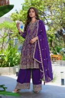 Regal Purple Embroidered Vichitra Silk A-Line Kurta Palazzo Set with Dupatta