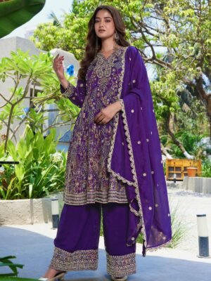 Regal Purple Embroidered Vichitra Silk A-Line Kurta Palazzo Set with Dupatta