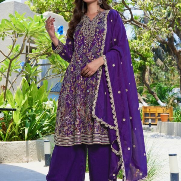 Regal Purple Embroidered Vichitra Silk A-Line Kurta Palazzo Set with Dupatta