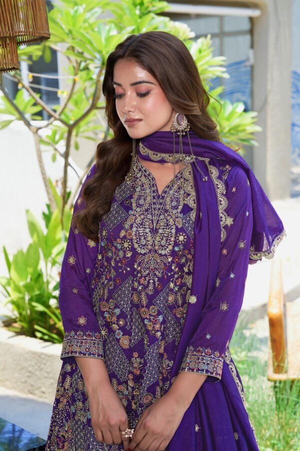 Regal Purple Embroidered Vichitra Silk A-Line Kurta Palazzo Set with Dupatta