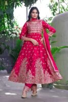 Radiant Pink Embroidered Chinon A-Line Kurta Palazzo Set with Dupatta