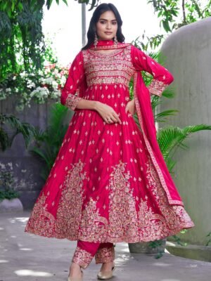 Radiant Pink Embroidered Chinon A-Line Kurta Palazzo Set with Dupatta