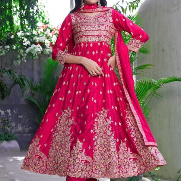 Radiant Pink Embroidered Chinon A-Line Kurta Palazzo Set with Dupatta