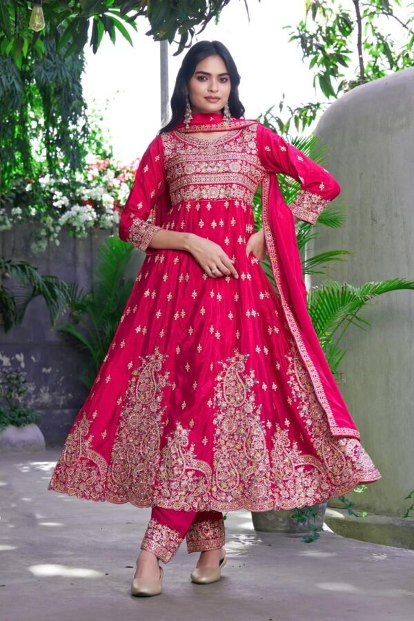 Radiant Pink Embroidered Chinon A-Line Kurta Palazzo Set with Dupatta