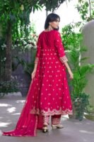 Radiant Pink Embroidered Chinon A-Line Kurta Palazzo Set with Dupatta