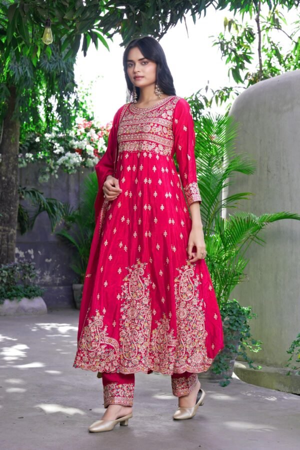 Radiant Pink Embroidered Chinon A-Line Kurta Palazzo Set with Dupatta