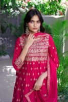 Radiant Pink Embroidered Chinon A-Line Kurta Palazzo Set with Dupatta