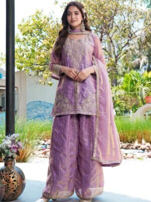 Enchanting Purple Embroidered MD Silk Kurta Palazzo Set with Dupatta