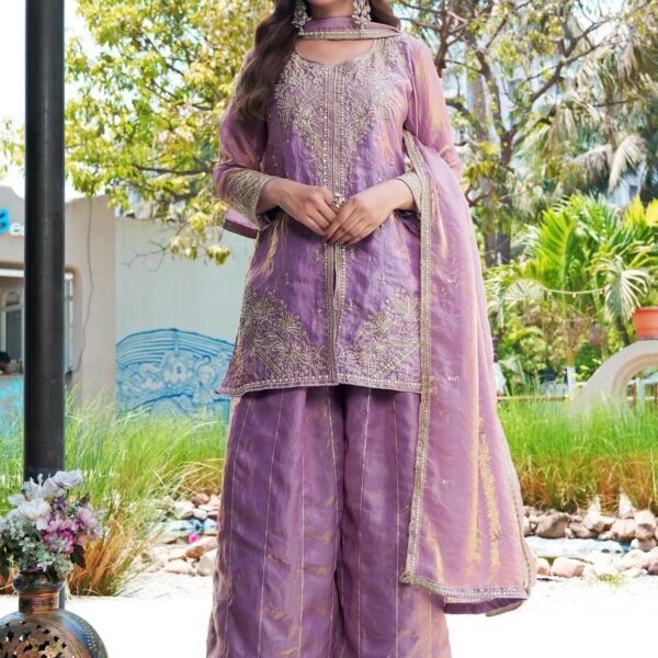 Lavender purple embroidered kurta palazzo set for women with intricate gold embroidery, wide-leg palazzo pants, and matching dupatta