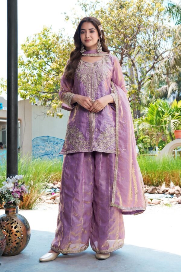 Enchanting Purple Embroidered MD Silk Kurta Palazzo Set with Dupatta