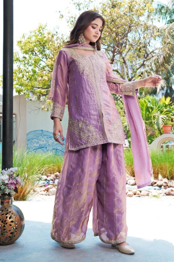 Enchanting Purple Embroidered MD Silk Kurta Palazzo Set with Dupatta