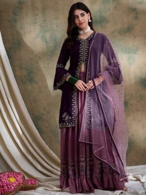 Elegant Purple Embroidered Front-Slit Kurta & Lehenga Set