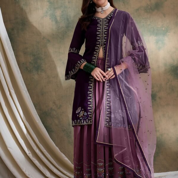 Elegant Purple Embroidered Front-Slit Kurta & Lehenga Set