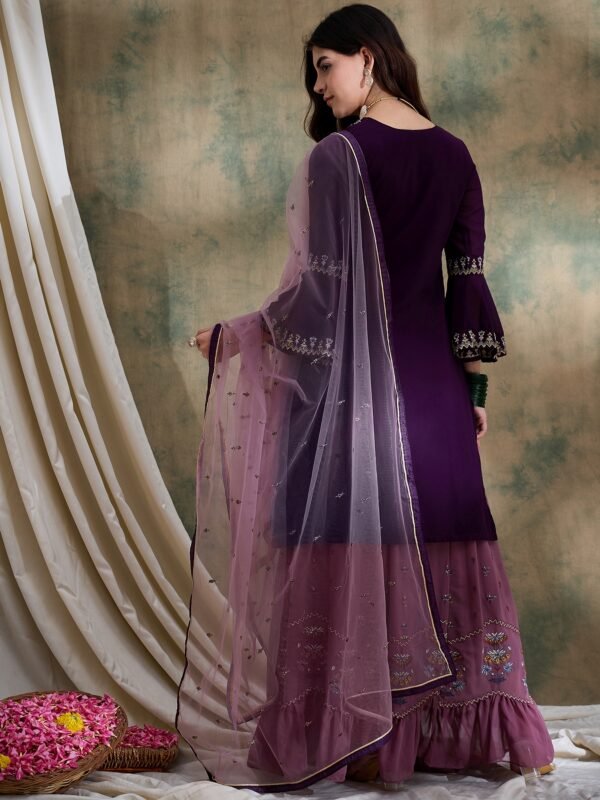 Elegant Purple Embroidered Front-Slit Kurta & Lehenga Set