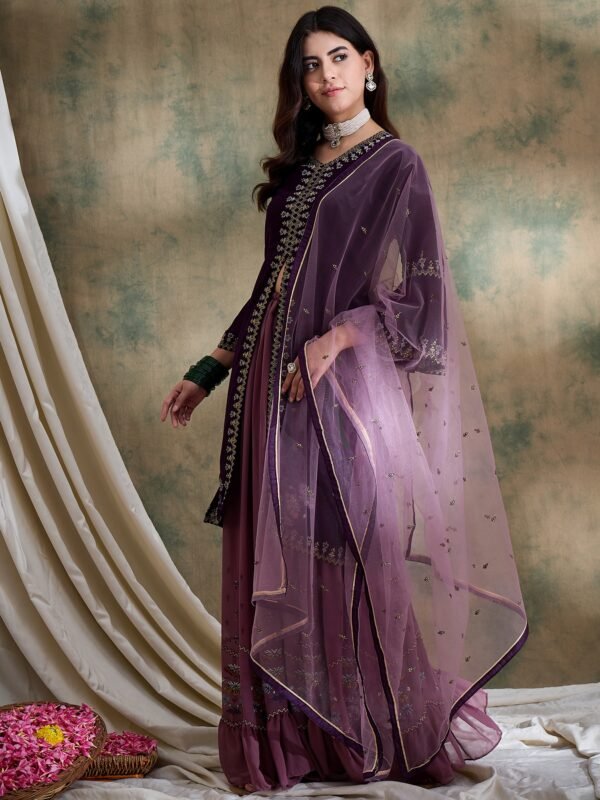 Elegant Purple Embroidered Front-Slit Kurta & Lehenga Set