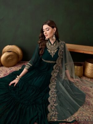 Enchanting Dark Green Embroidered Faux Georgette Anarkali Gown