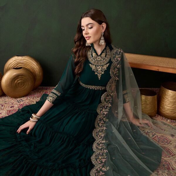 Enchanting Dark Green Embroidered Faux Georgette Anarkali Gown
