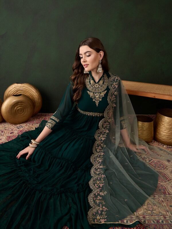 Enchanting Dark Green Embroidered Faux Georgette Anarkali Gown