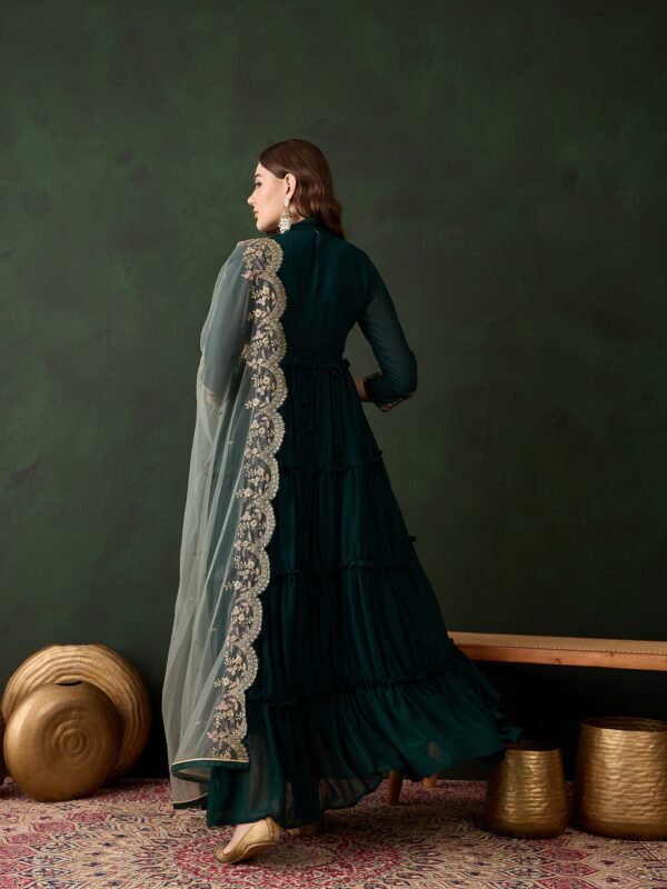 Enchanting Dark Green Embroidered Faux Georgette Anarkali Gown