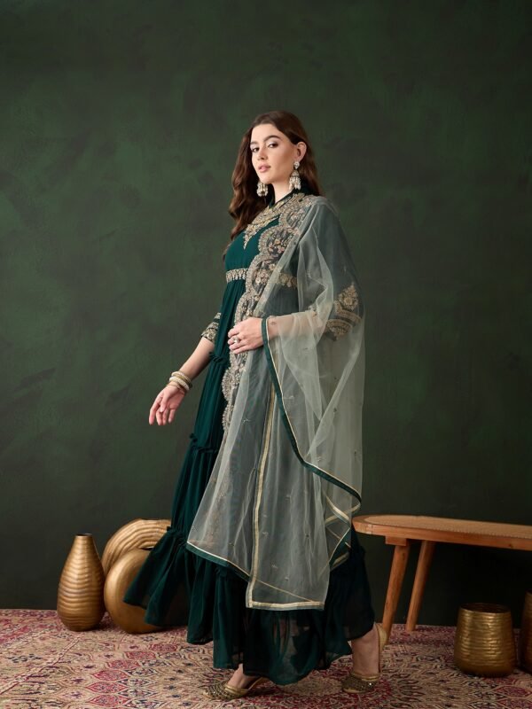 Enchanting Dark Green Embroidered Faux Georgette Anarkali Gown
