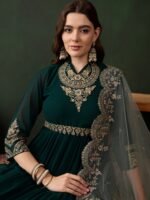 Enchanting Dark Green Embroidered Faux Georgette Anarkali Gown