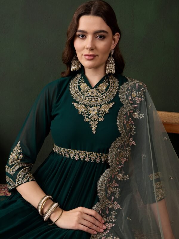 Enchanting Dark Green Embroidered Faux Georgette Anarkali Gown
