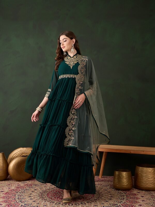 Enchanting Dark Green Embroidered Faux Georgette Anarkali Gown