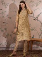 Cream Printed Straight Kurta with Bottom – V-Neck Thread Detailing, 3/4 Sleeve Stitched Cotton Set