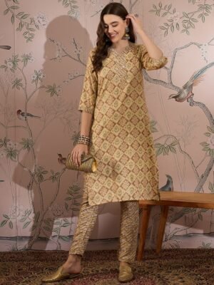 Cream Printed Straight Kurta with Bottom – V-Neck Thread Detailing, 3/4 Sleeve Stitched Cotton Set