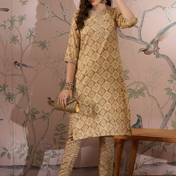Cream Printed Straight Kurta with Bottom – V-Neck Thread Detailing, 3/4 Sleeve Stitched Cotton Set