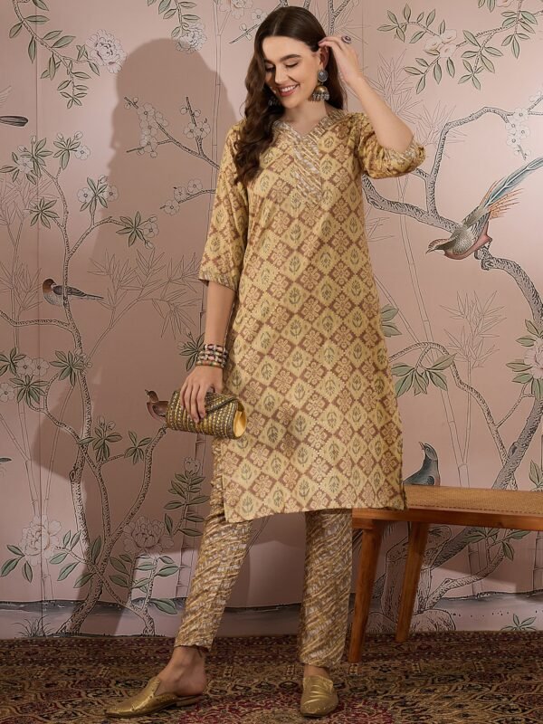 Cream Printed Straight Kurta with Bottom – V-Neck Thread Detailing, 3/4 Sleeve Stitched Cotton Set
