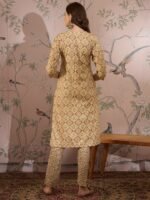 Cream Printed Straight Kurta with Bottom – V-Neck Thread Detailing, 3/4 Sleeve Stitched Cotton Set