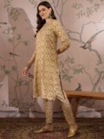 Cream Printed Straight Kurta with Bottom – V-Neck Thread Detailing, 3/4 Sleeve Stitched Cotton Set