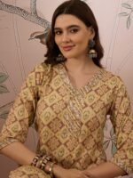 Cream Printed Straight Kurta with Bottom – V-Neck Thread Detailing, 3/4 Sleeve Stitched Cotton Set