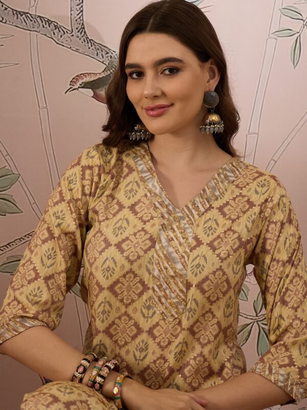 Cream Printed Straight Kurta with Bottom – V-Neck Thread Detailing, 3/4 Sleeve Stitched Cotton Set