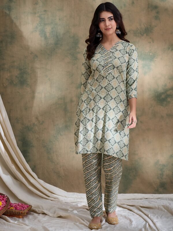 Cream Printed Straight Kurta with Bottom – V-Neck Thread Detailing, 3/4 Sleeve Stitched Cotton Set