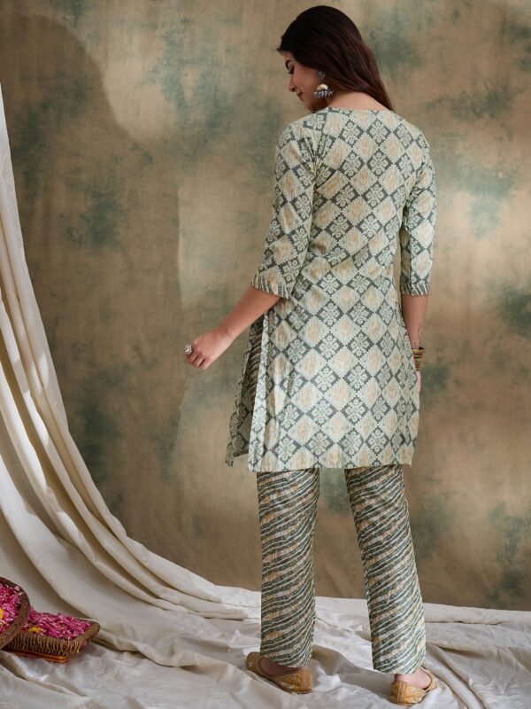Cream Printed Straight Kurta with Bottom – V-Neck Thread Detailing, 3/4 Sleeve Stitched Cotton Set