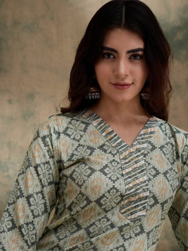Cream Printed Straight Kurta with Bottom – V-Neck Thread Detailing, 3/4 Sleeve Stitched Cotton Set