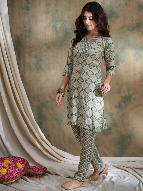 Cream Printed Straight Kurta with Bottom – V-Neck Thread Detailing, 3/4 Sleeve Stitched Cotton Set